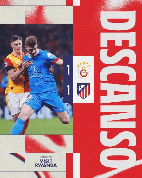 加拉塔萨雷1-1马竞半场数据：射门5-8，射正1-2，良机1-1